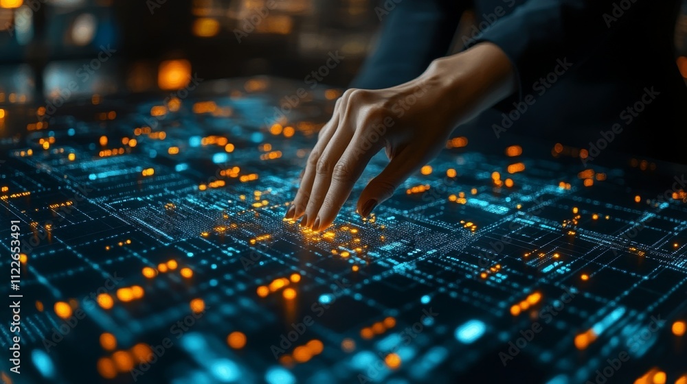 Poster hand interacting with digital data interface technology concept