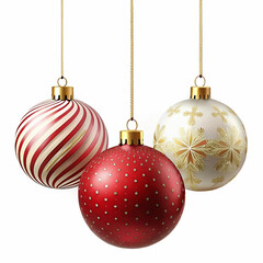 Three elegant Christmas ornaments in red, white, and gold, hanging gracefully