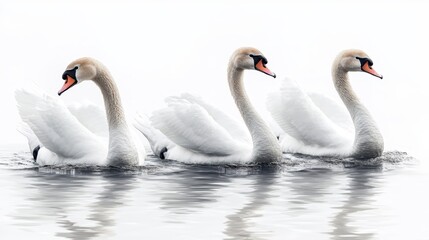 Fototapeta premium Three Graceful White Swans Swimming in Calm Water, Elegant Wildlife Photography with Minimalist Background