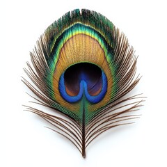 Obraz premium Vibrant Peacock Feather Close-up of a Single, Isolated Eye Spot Feather on White Background