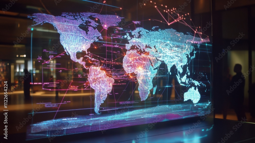 Aufkleber futuristic world map with digital data and network connections