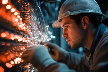 A technician inspecting fiber optic cables during installation, with light visibly passing through the strands, demonstrating the precision and care involved in building high-speed communication.