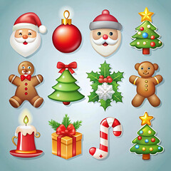 A set of Christmas icons featuring festive symbols like Santa Claus, reindeer, snowflakes