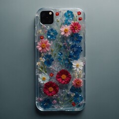 A phone encased in translucent resin with embedded flowers.