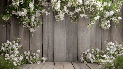 Obraz premium A serene wooden backdrop adorned with white flower, ideal for photography or events.