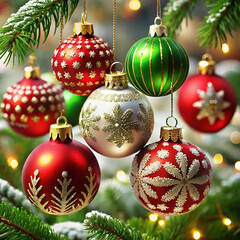 A collection of Christmas ornaments, including shiny baubles, stars, snowflakes,