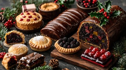 Fototapeta premium A festive assortment of delectable holiday pastries and desserts, beautifully arranged with greenery and red berries.