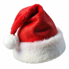 A classic Santa Claus hat with a bright red body, a fluffy white trim