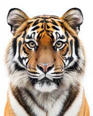 Obraz premium Majestic Close-Up Portrait of a Sumatran Tiger, Intense Gaze, Detailed Fur Texture, Isolated on White Background