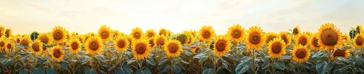 Obraz premium Panoramic View of a Vibrant Sunflower Field at Sunset Golden Hour Photography