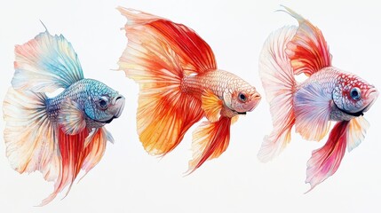 Fototapeta premium Stunning Watercolor Painting of Three Siamese Fighting Fish (Betta Splendens) with Vibrant, Flowing Fins - Red, Orange, and Blue Variations