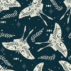 Magic blue seamless pattern with moths and herbs. Boho magic background with stars. 