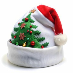 A classic Santa Claus hat with a bright red body, a fluffy white trim