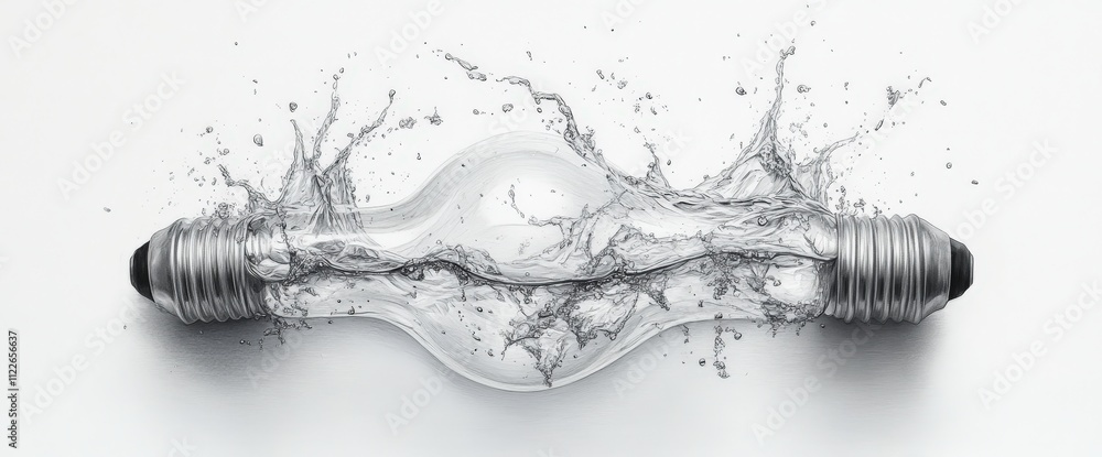 Poster stunning pencil sketch of a lightbulb submerged in water, creating dynamic splashes and a captivatin