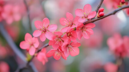 A close-up of pink cherry blossoms on a branch, showcasing their delicate beauty.