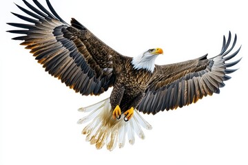 Obraz premium Majestic Bald Eagle in Flight High-Resolution Image of American Eagle with Wings Spread Wide Against White Background