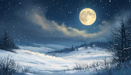 Snowy winter night scene serene landscape digital art moonlit environment tranquil viewpoint nature's beauty captured for relaxation