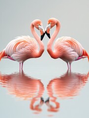 Naklejka premium Two American Flamingos Forming a Heart Shape in Calm Water Reflection - Romantic Wildlife Photography