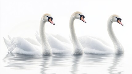 Obraz premium Three Graceful White Swans Swimming in Calm Water - Elegant Wildlife Photography