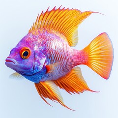 Fototapeta premium Vibrant Tropical Fish Stunning Close-up of a Colorful Cichlid with Orange and Purple Fins, Isolated on White Background.