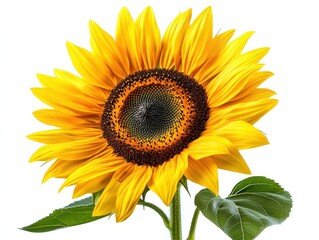 Obraz premium Vibrant Single Sunflower with Green Leaves Isolated on White Background - High-Resolution Stock Photo