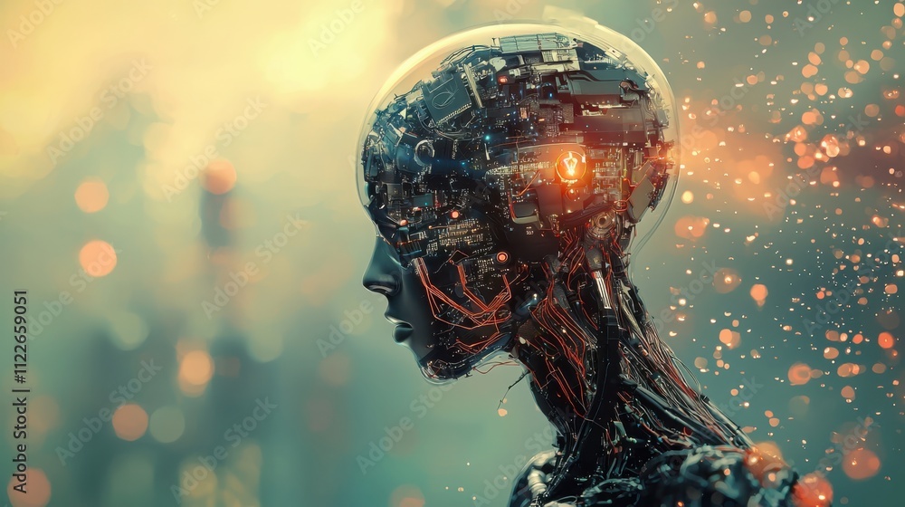 Aufkleber merging mindsthe evolution of artificial intelligence and humanity in a futuristic landscape explori