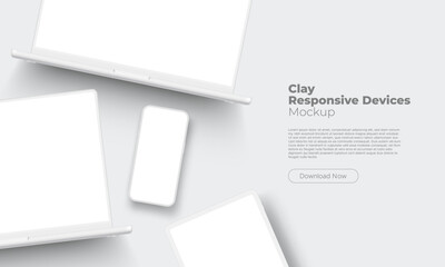 Clay Responsive Devices Mockup. Laptops, Tablet Computer, Smartphone. Vector Illustration