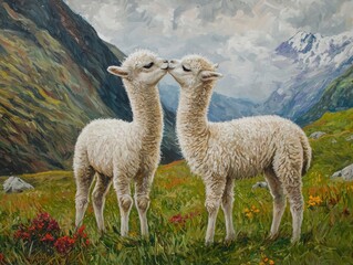Fototapeta premium Baby alpacas nuzzling in mountain pasture nature scene pastoral environment serene viewpoint affectionate behavior for seo impact