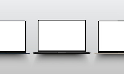 Black, Blue and Gold Laptops Mockups With Shadows, Blank Screens. Vector Illustration