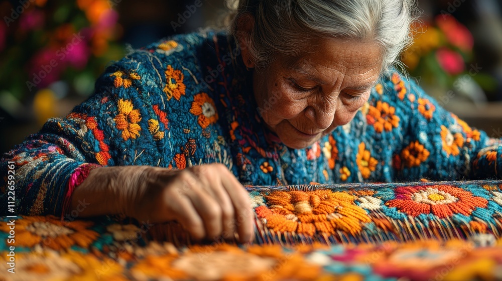 Aufkleber skilled artisan creating vibrant handcrafted textile with intricate floral patterns in traditional w