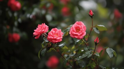 Obraz premium A close-up of vibrant pink roses amidst lush greenery, showcasing nature's beauty.