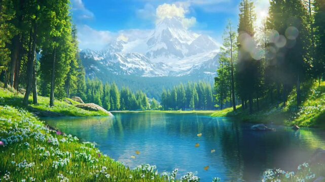 Seamless Looping Anime Style Mountain Lake with Lush Forest and Blooming Wildflowers Under Clear Blue Sky. Peaceful Nature Animation