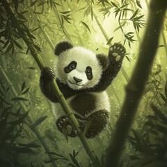 Obraz premium Playful baby panda cub tumbling in gentle bamboo forest nature photography serene green environment candid viewpoint