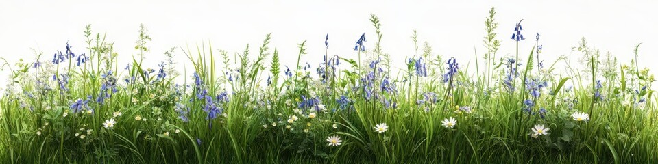 Vibrant Spring Meadow Panorama Bluebells, Daisies, and Wild Grasses Against White Background - Perfect for Springtime Designs