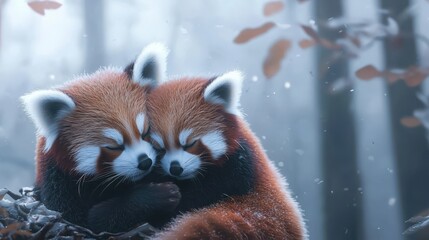 Fototapeta premium Cuddling baby red pandas in misty mountainsa heartwarming nature scene captured in enchanting fog