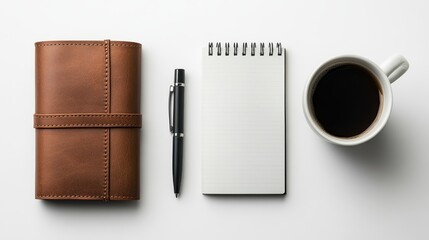 Flat Lay of Brown Leather Notebook, Black Pen, Blank Notepad, and Cup of Black Coffee on White Background - Minimalist Office Workspace Concept