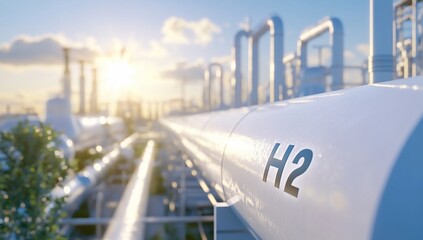 Industrial scene showcasing hydrogen pipelines under a sunrise.
