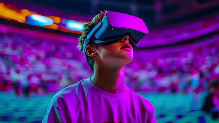 In a crowded stadium, a boy wearing a VR headset is deeply engaged with digital content. A sports game fan, he is surrounded by neon hues and a prominent banner.