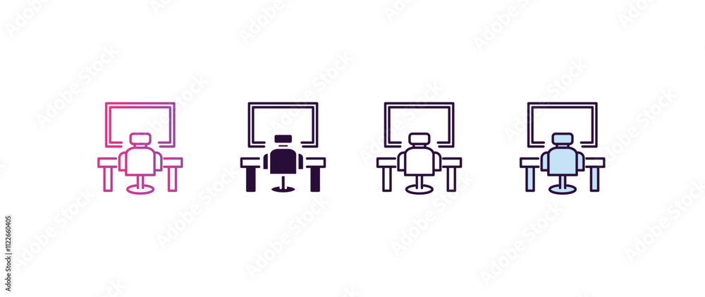 Poster work station gradient, line, filled, colored icon. editable vector from computer concept. four diffe