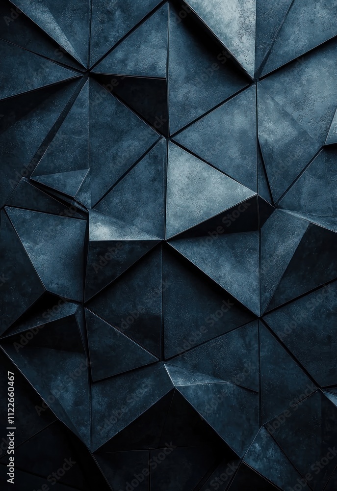 Poster a bold, dark geometric background with sharp lines and bold contrasts, creating a dramatic and edgy 