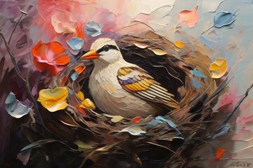 a painting of bird in nest, Adorable cartoon style of a small blue bird sitting in a cozy nest made of twigs and branches rendered in a pastel watercolor painting technique.