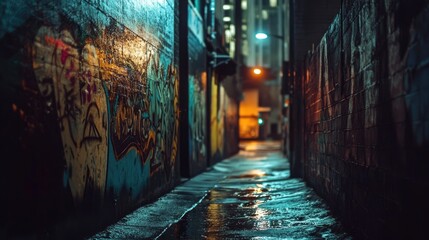 Fototapeta premium A dark alley with graffiti on the wall and a street light in the background