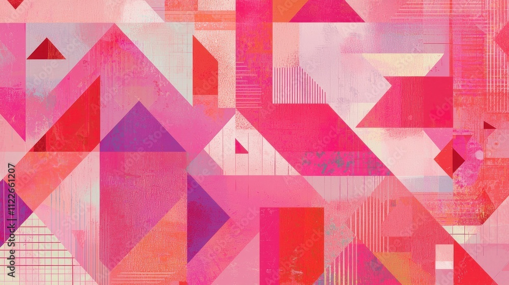 Poster a vibrant pink geometric background featuring triangles and squares in various shades, creating an e