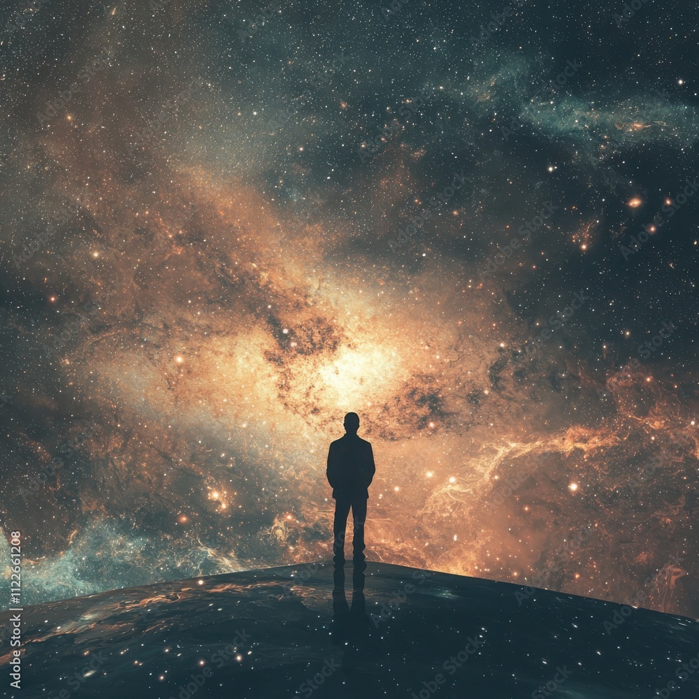 Poster exploring cosmic human potentialthe individual merging with the universal in the vastness of space a
