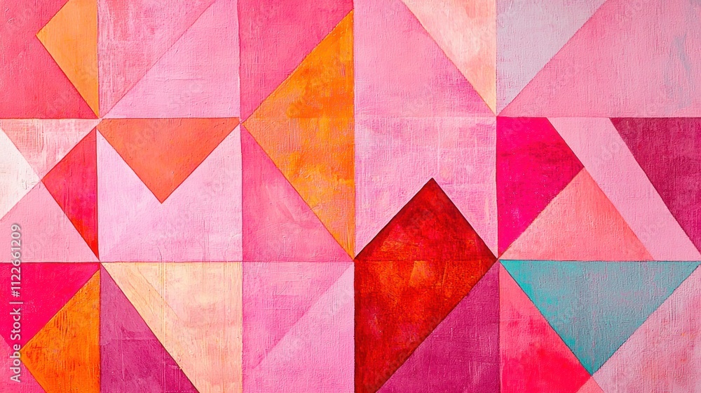 Poster a vibrant pink geometric background featuring triangles and squares in various shades, creating an e