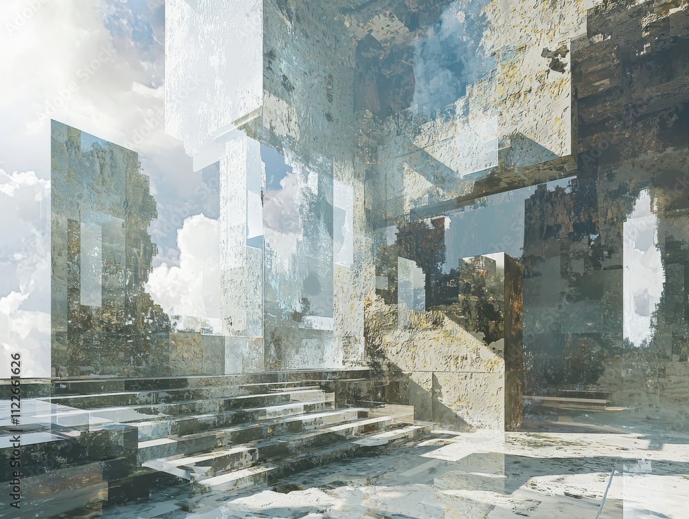 Poster reconstructing fragmented realities in digital dream architecturea journey through surreal environme