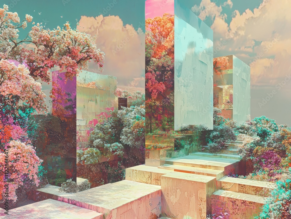 Poster reconstructing fragmented digital dream architecture in a surreal landscapea visual exploration of r