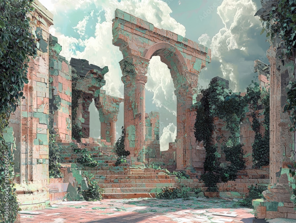 Poster reconstructing digital dreamsfragmented reality architecture in surreal environments virtual landsca