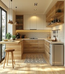 Cozy modern kitchen with natural wood cabinetry, bright sunlight, and a breakfast bar.