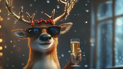 Festive Reindeer Celebrates With Champagne And A Holly Wreath
